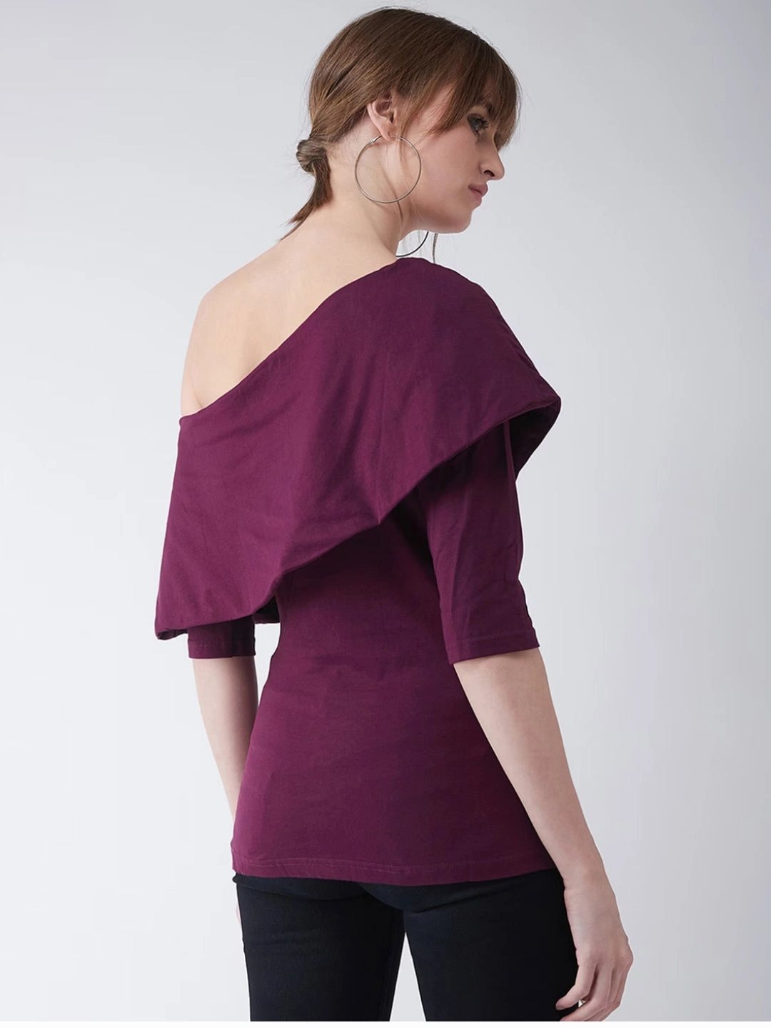 Women's Magenta One shoulder 3/4 Sleeve Solid Layered Top RaglanSleeve MultiFunctional Pocket Placement