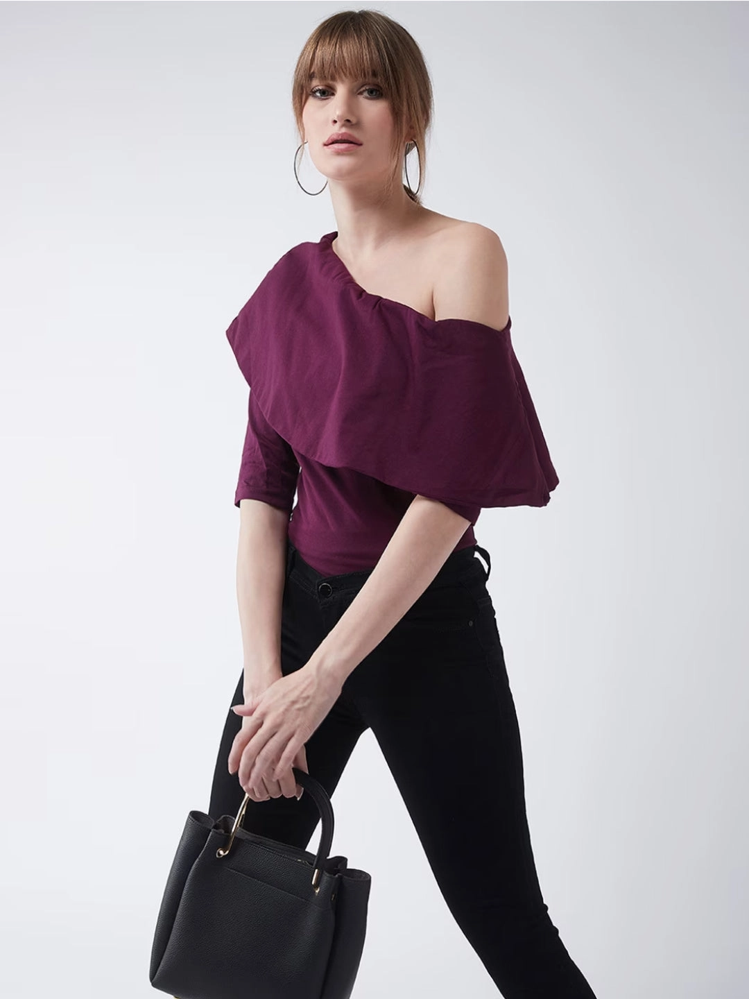 Women's Magenta One shoulder 3/4 Sleeve Solid Layered Top NonChafe Tag Placement Reversible Layering Tech