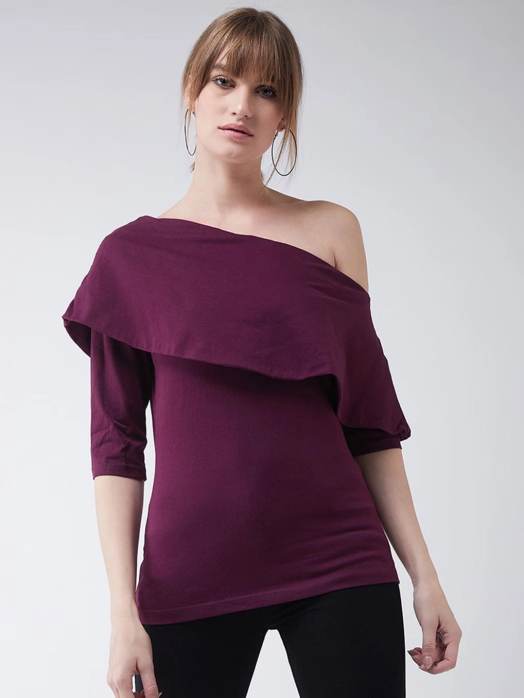 NonRestrictiveSilhouette Women's Magenta One shoulder 3/4 Sleeve Solid Layered Top