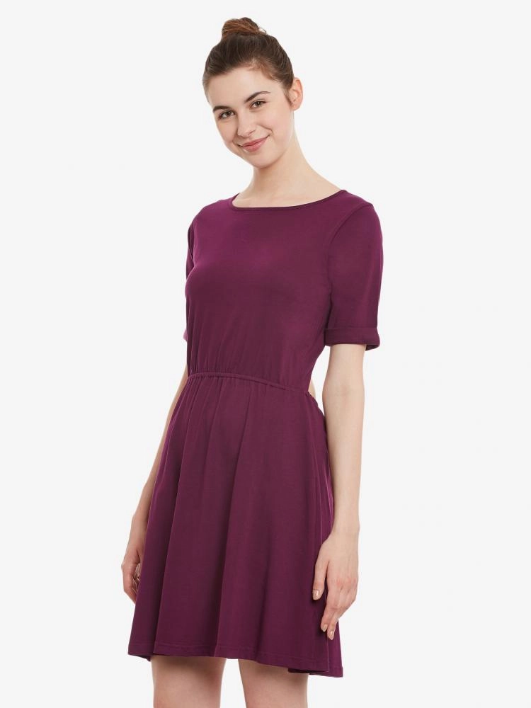 Lounge Base All-season garment Women's Magenta Solid Round Neck Half Sleeves Knee-Long Skater Dress
