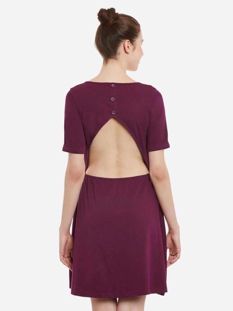 Elegant Comfort Classic Comfort Women's Magenta Solid Round Neck Half Sleeves Knee-Long Skater Dress