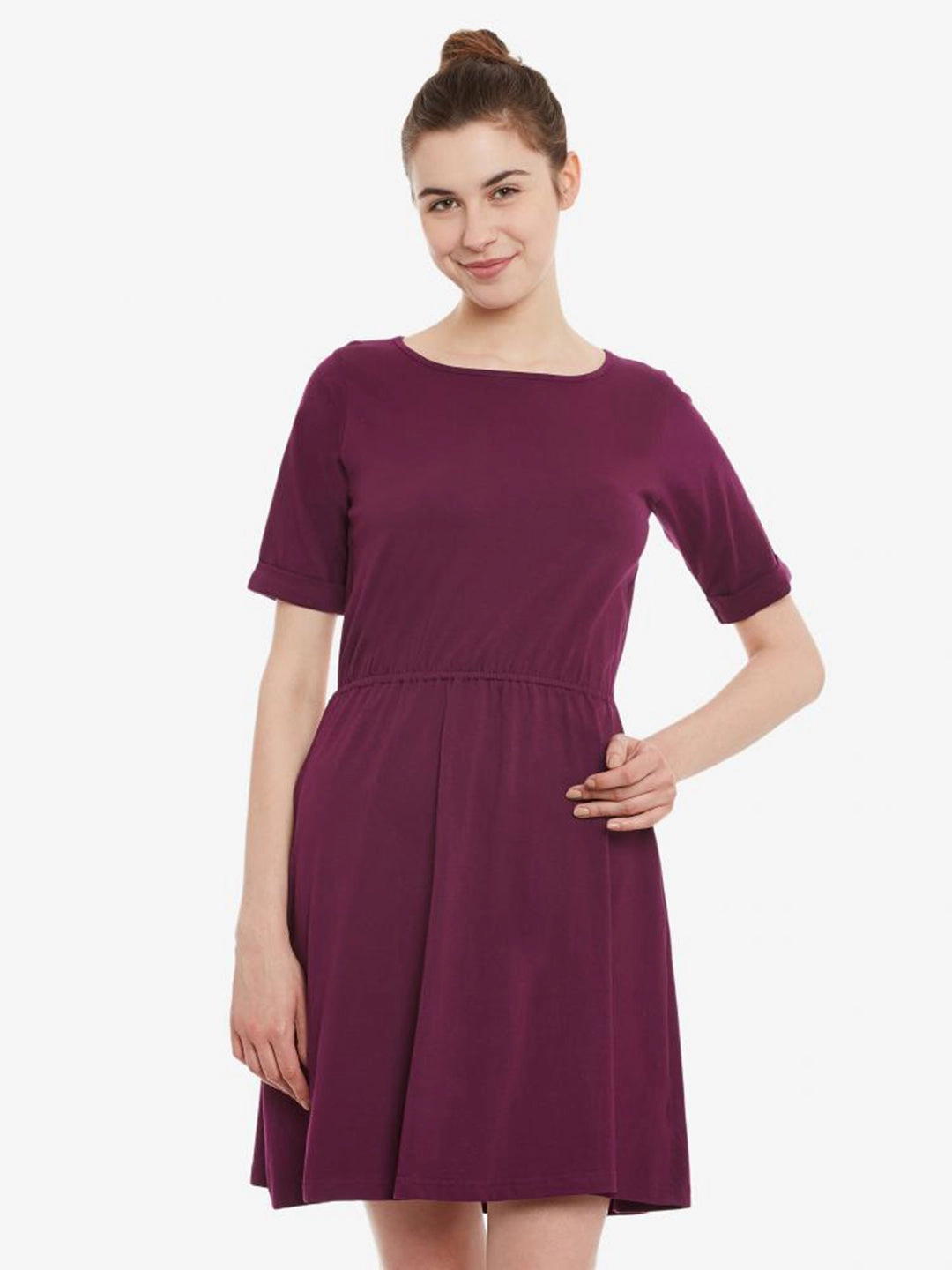 Pleated design Women's Magenta Solid Round Neck Half Sleeves Knee-Long Skater Dress