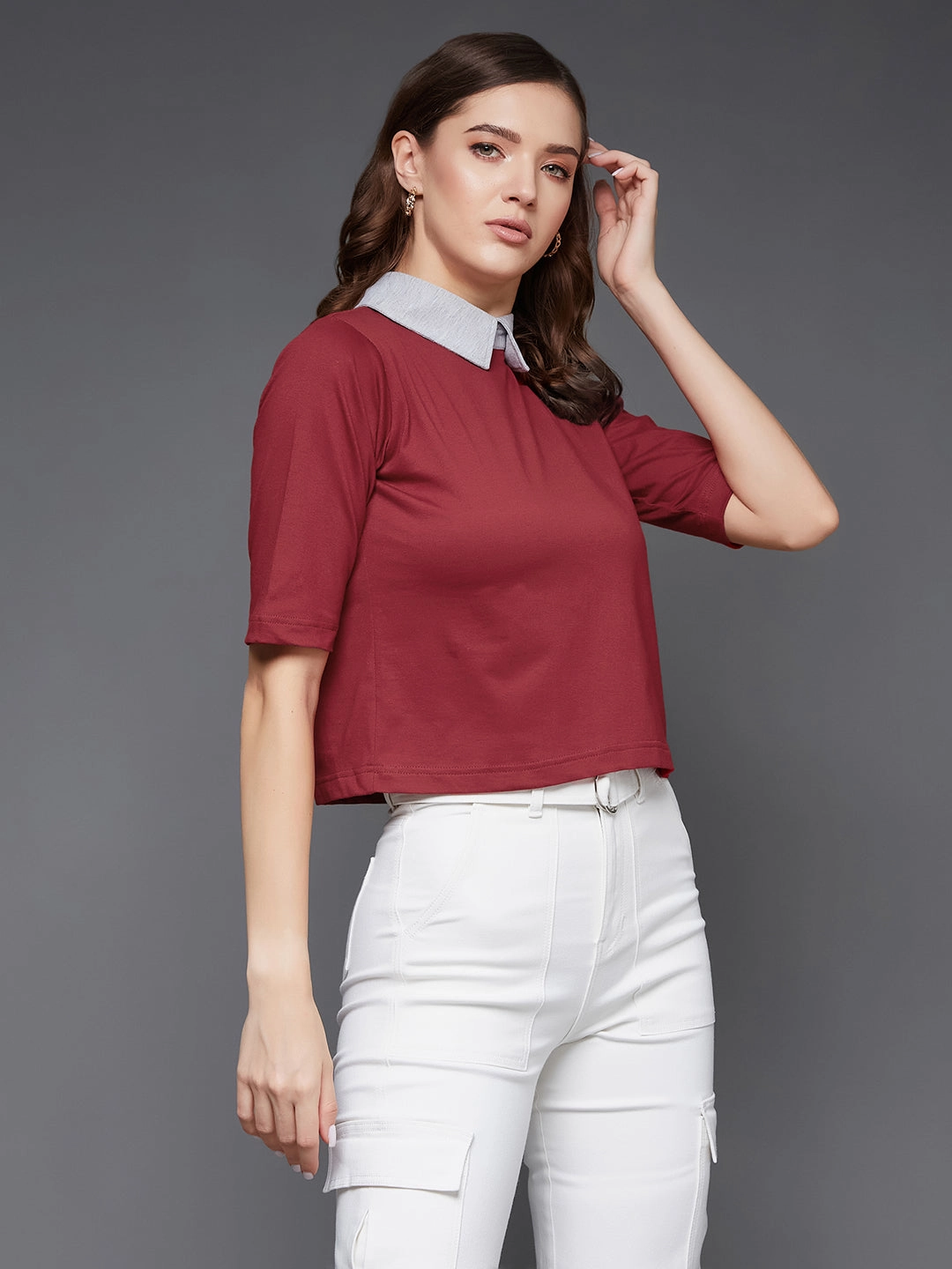 Double Needle Hemming Women's Maroon & Grey Half Sleeves Round Neck Solid Crop Top