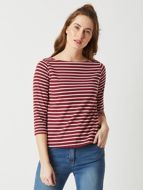 NonChafeCollarTech StainRepellentCoating Women's Maroon & White Boat Neck 3/4 Sleeve Cotton Striped Top