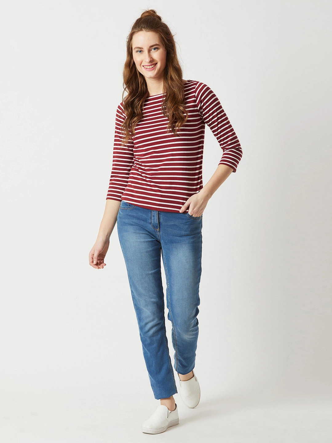 WrinkleResistantFinish Women's Maroon & White Boat Neck 3/4 Sleeve Cotton Striped Top