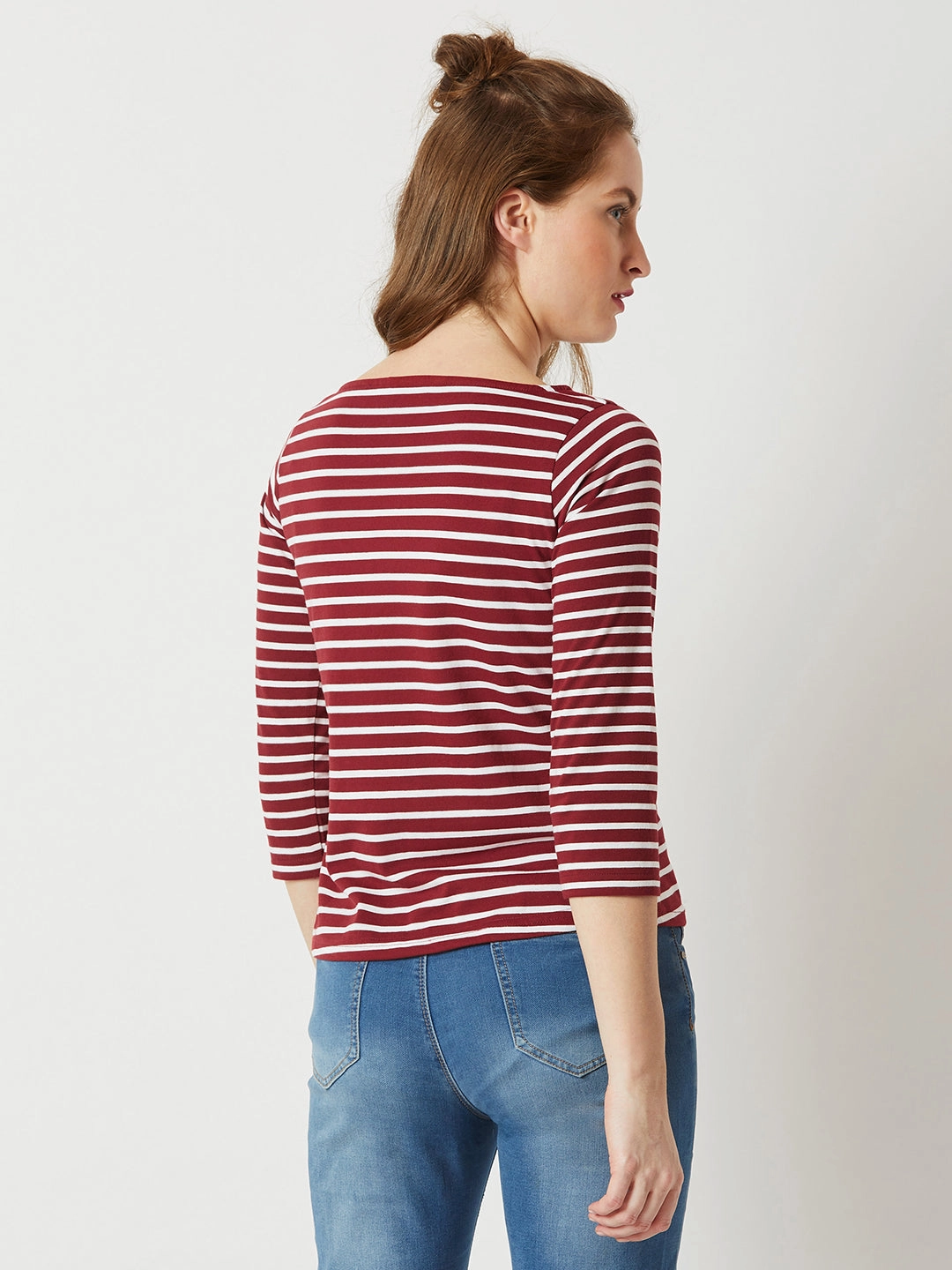 Stretch waistband WaterRepellent Coating Women's Maroon & White Boat Neck 3/4 Sleeve Cotton Striped Top