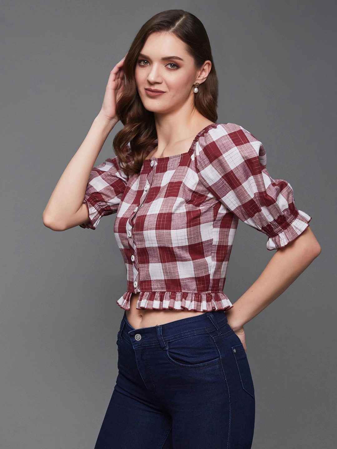 Temperature Regulating Textile Women's Maroon and White Checkered Square Neck Puff Sleeves Polyester Ruffled Short Top