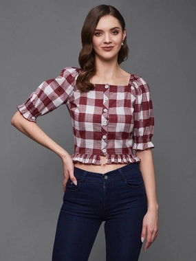 Layered Placket Design MultiPocket Women's Maroon and White Checkered Square Neck Puff Sleeves Polyester Ruffled Short Top