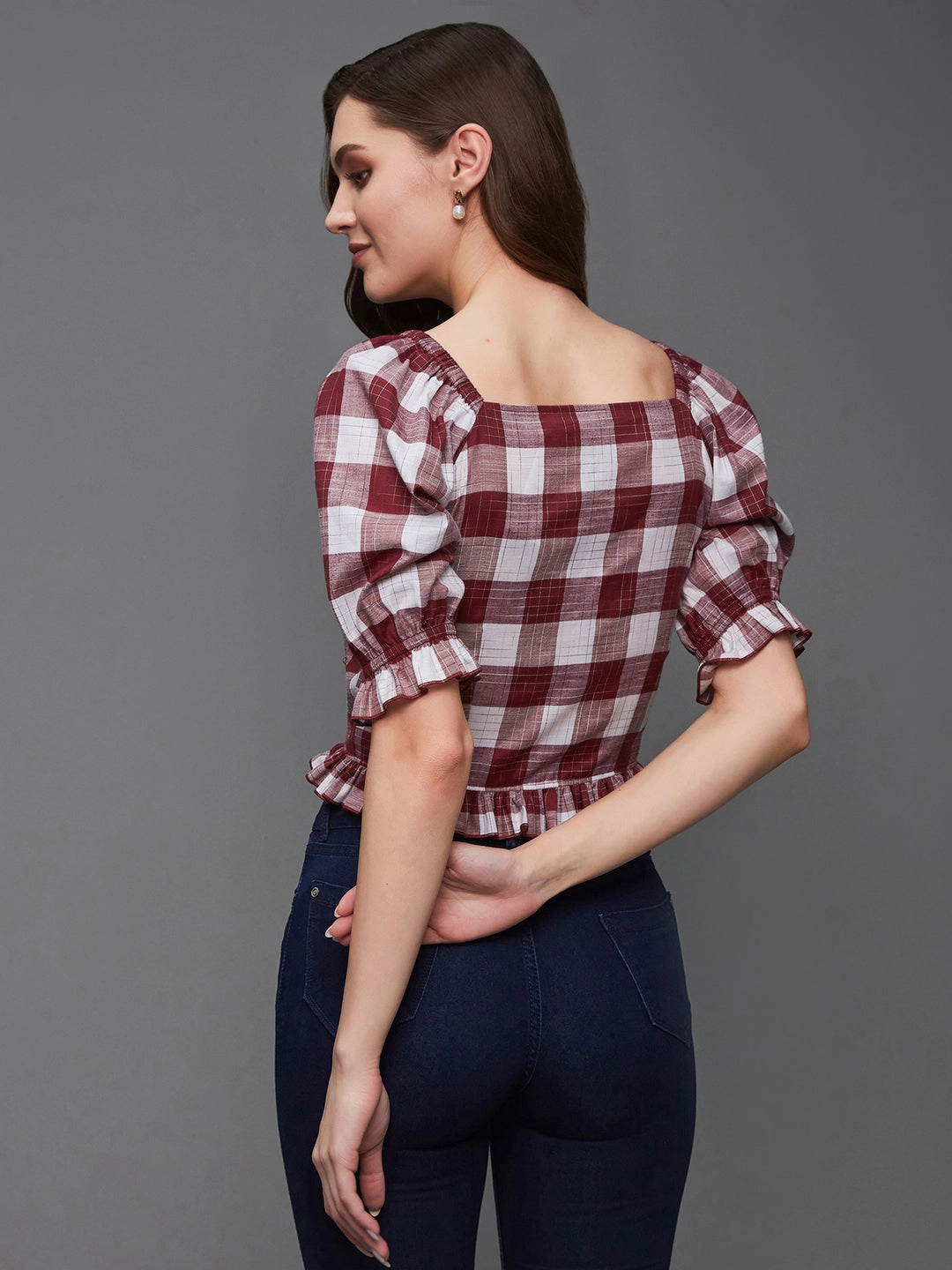 Comfortable Cotton Women's Maroon and White Checkered Square Neck Puff Sleeves Polyester Ruffled Short Top
