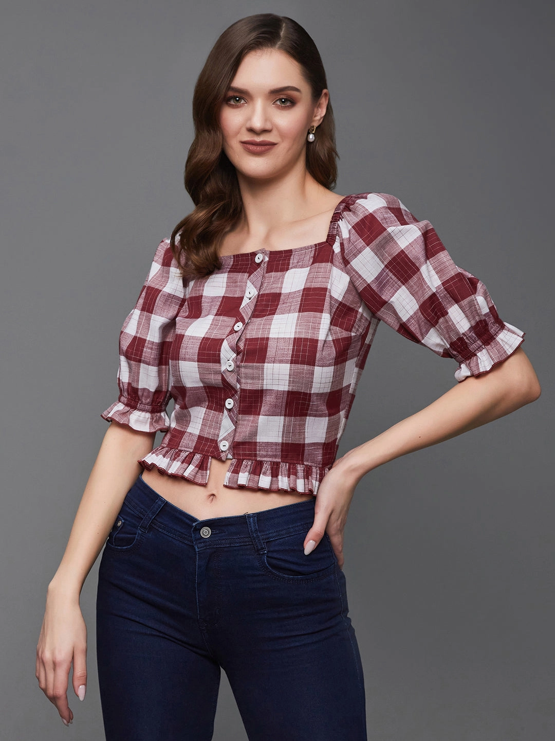 Flexible Knit Blend OdorResistant Women's Maroon and White Checkered Square Neck Puff Sleeves Polyester Ruffled Short Top