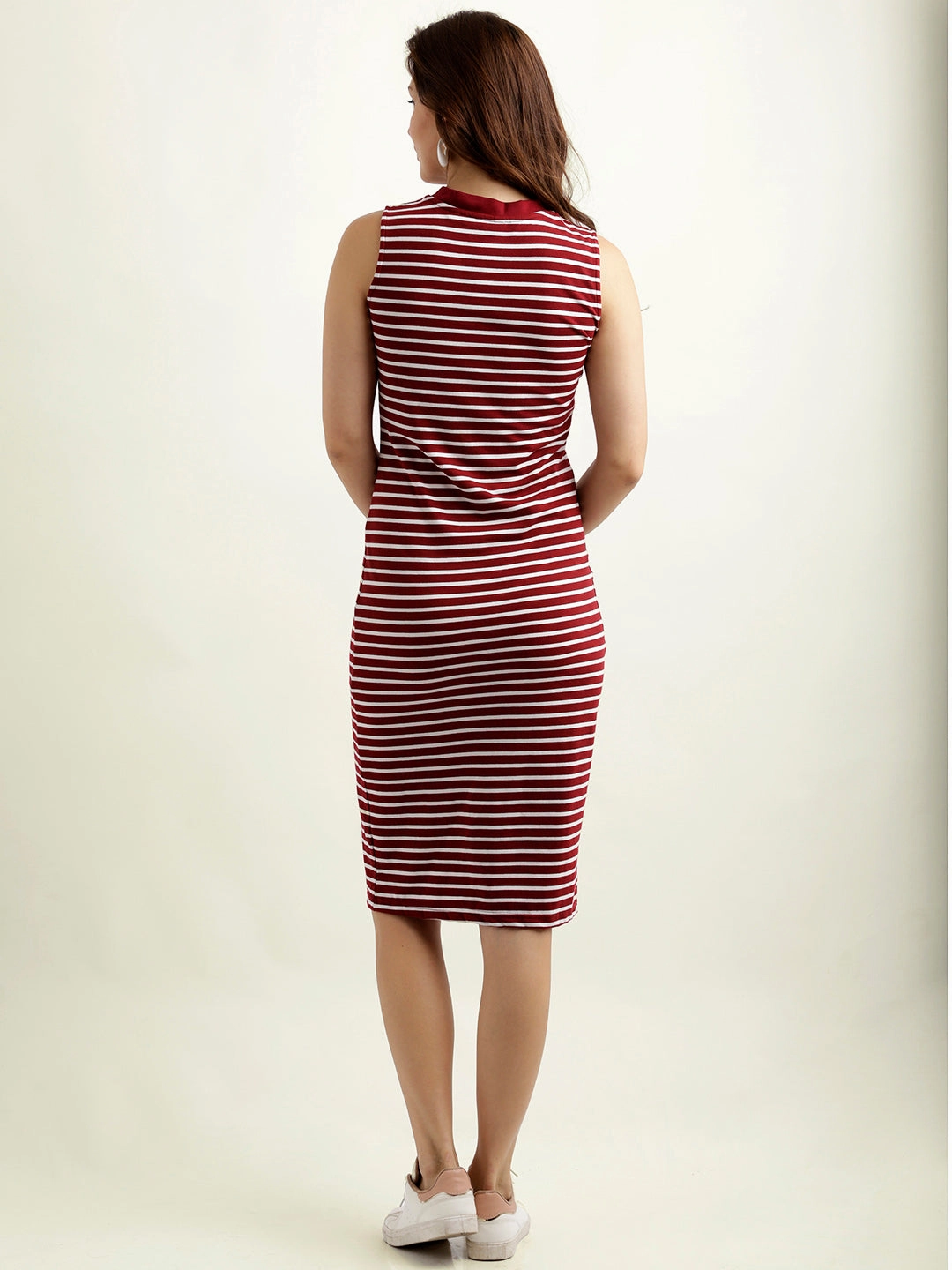 Women's Maroon and White Round Neck Sleeveless Striped Bodycon Dress Fashion Mix