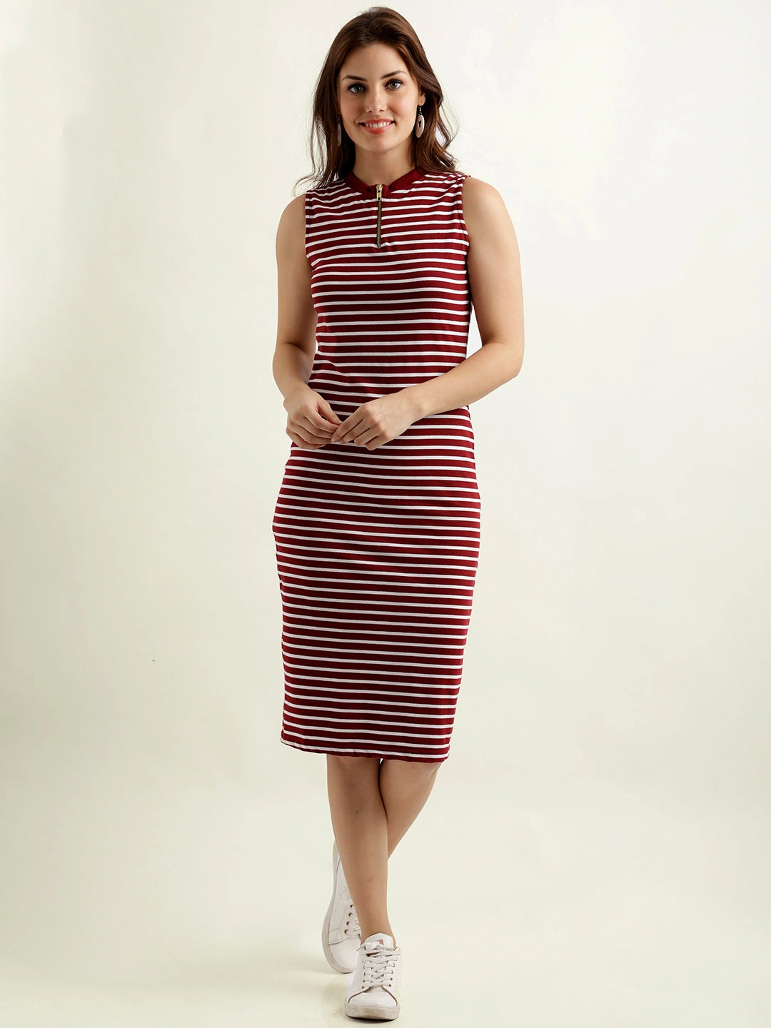 Casual Look Vibrant Form Women's Maroon and White Round Neck Sleeveless Striped Bodycon Dress