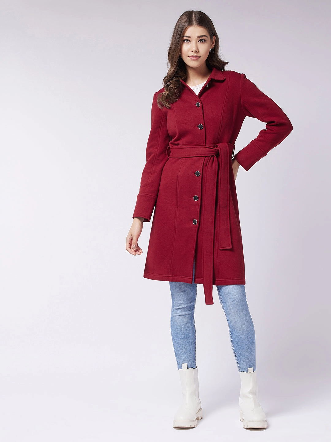 Women's Maroon Collared Full Sleeve Solid Tie-up Longline Jacket AbrasionResistant