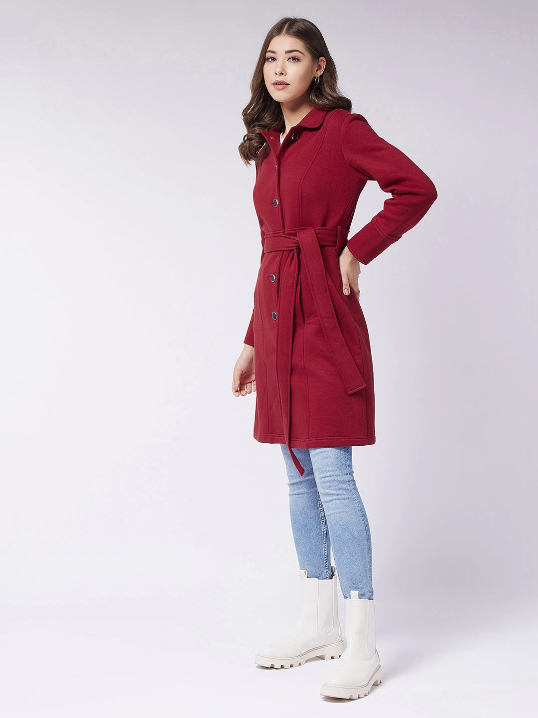 Women's Maroon Collared Full Sleeve Solid Tie-up Longline Jacket HybridLayerCompatibility Eco Friendly Material