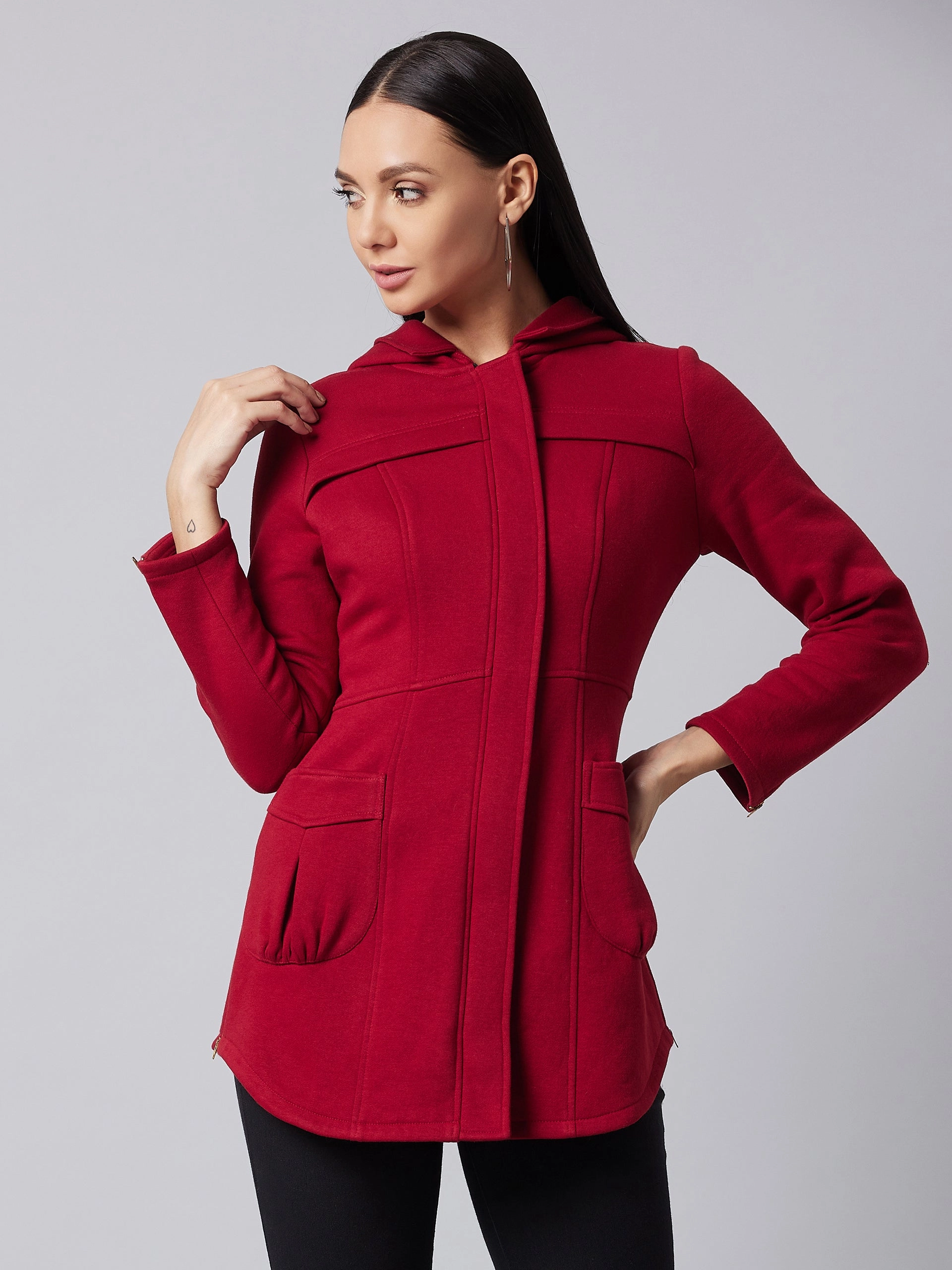Women's Maroon Hooded Full Sleeve Solid Hooded Longline Jacket Ventilation Panels Classic Ribbed Cuffs