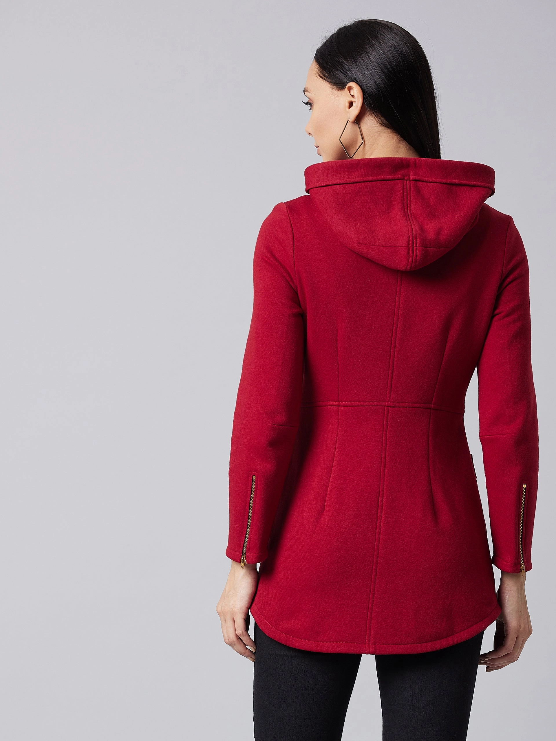 Transitional Wear Thermal Insulation Layer Women's Maroon Hooded Full Sleeve Solid Hooded Longline Jacket