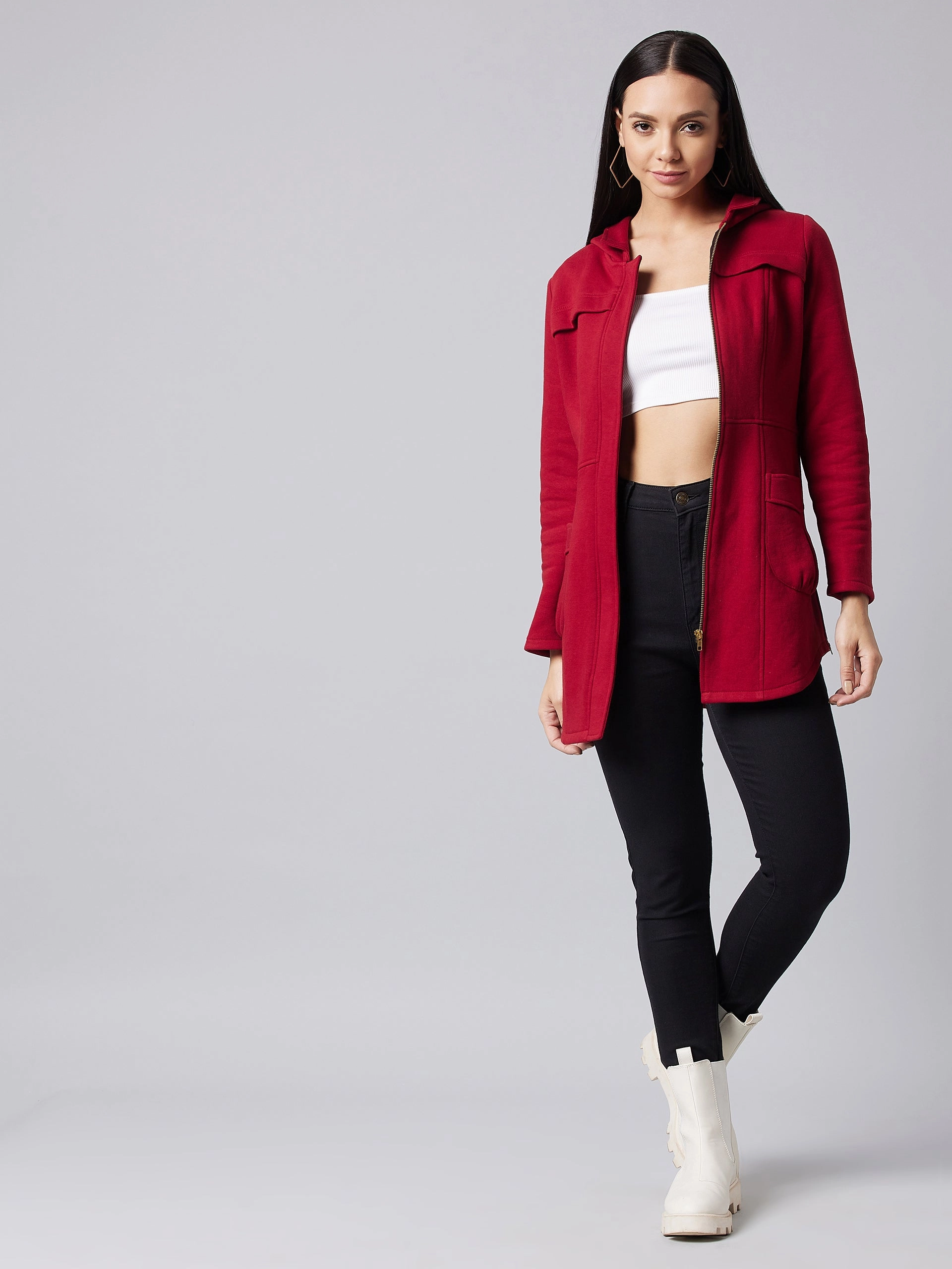 Essential City Look Soft Shell Material Women's Maroon Hooded Full Sleeve Solid Hooded Longline Jacket