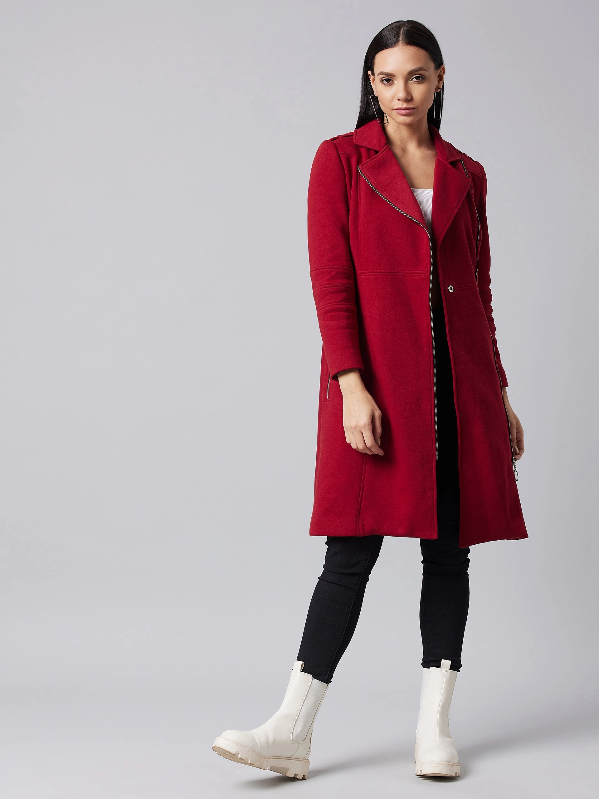 Women's Maroon Notch Collar Multi Panelled Full Sleeve Solid Double Breasted Knee Length Jacket Cold Days