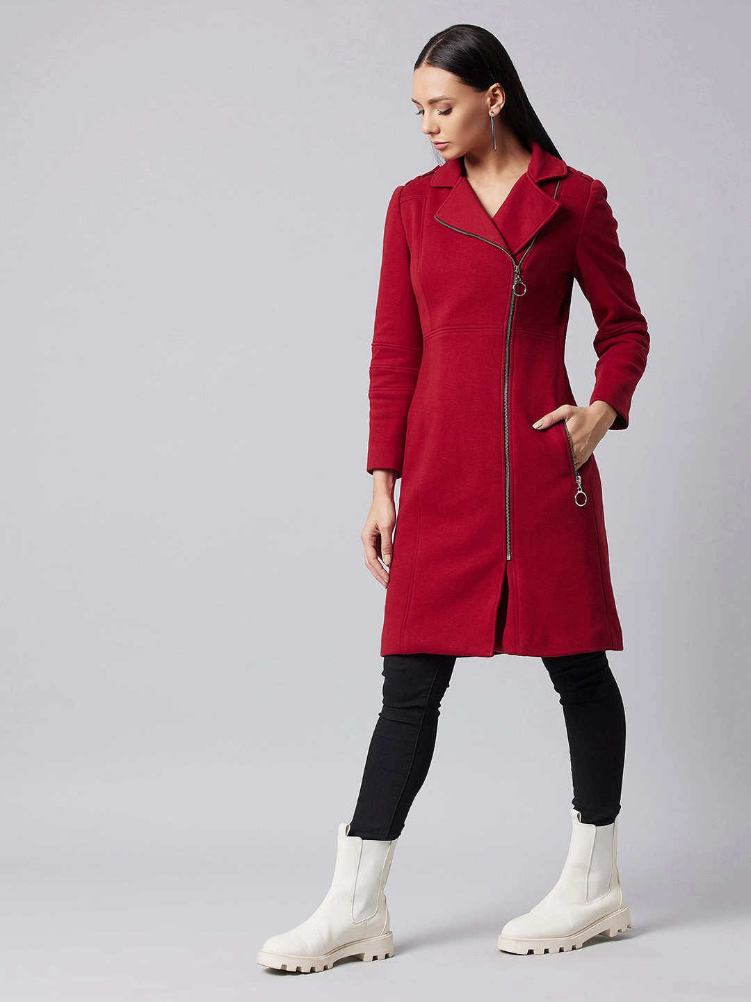 Women's Maroon Notch Collar Multi Panelled Full Sleeve Solid Double Breasted Knee Length Jacket Noise Free Material Green Material