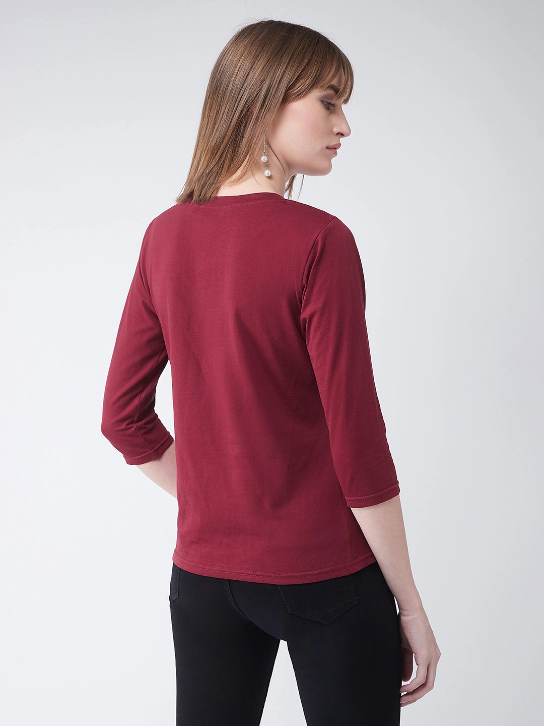 Women's Maroon Round Neck 3/4 Sleeves Casual Basic Top HighNeckline