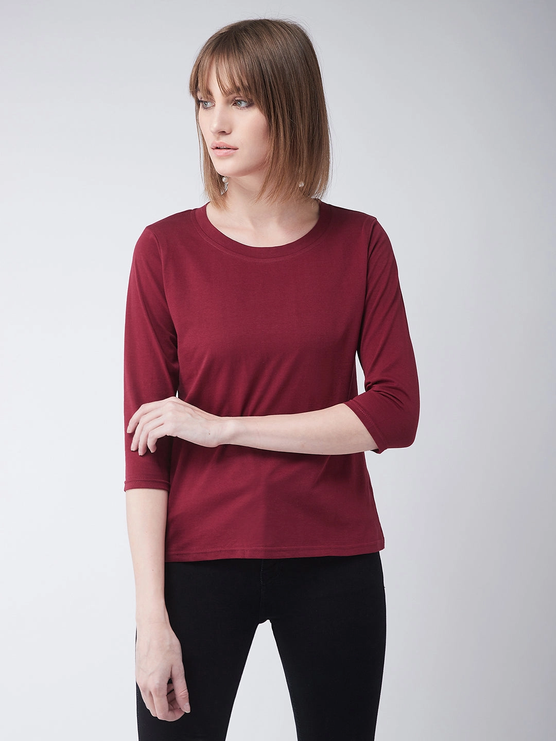 Women's Maroon Round Neck 3/4 Sleeves Casual Basic Top Breathable Lining