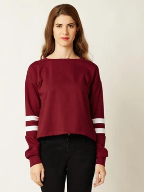 Petal Sleeve Architecture NonIrritatingEdges Women's Maroon Round Neck Full Sleeve Solid Paneled Boxy Top