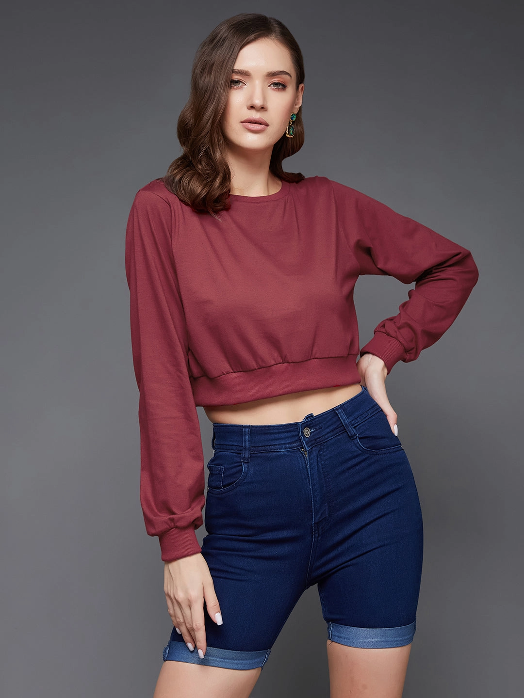 Women's Maroon Round Neck Full Sleeves Solid Crop Top Flexible Shoulder Gusset UPFProtection