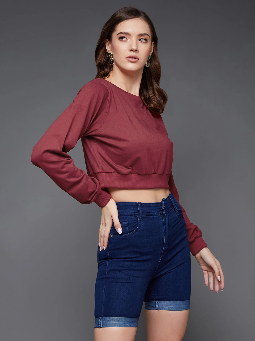 Women's Maroon Round Neck Full Sleeves Solid Crop Top Light material Layered Hem Reinforcement