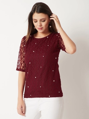 Women's Maroon Round Neck Half Sleeves Cotton Solid Lace And Pearl Detailing Top Non Chafe Armholes WrinkleResistant Cloth