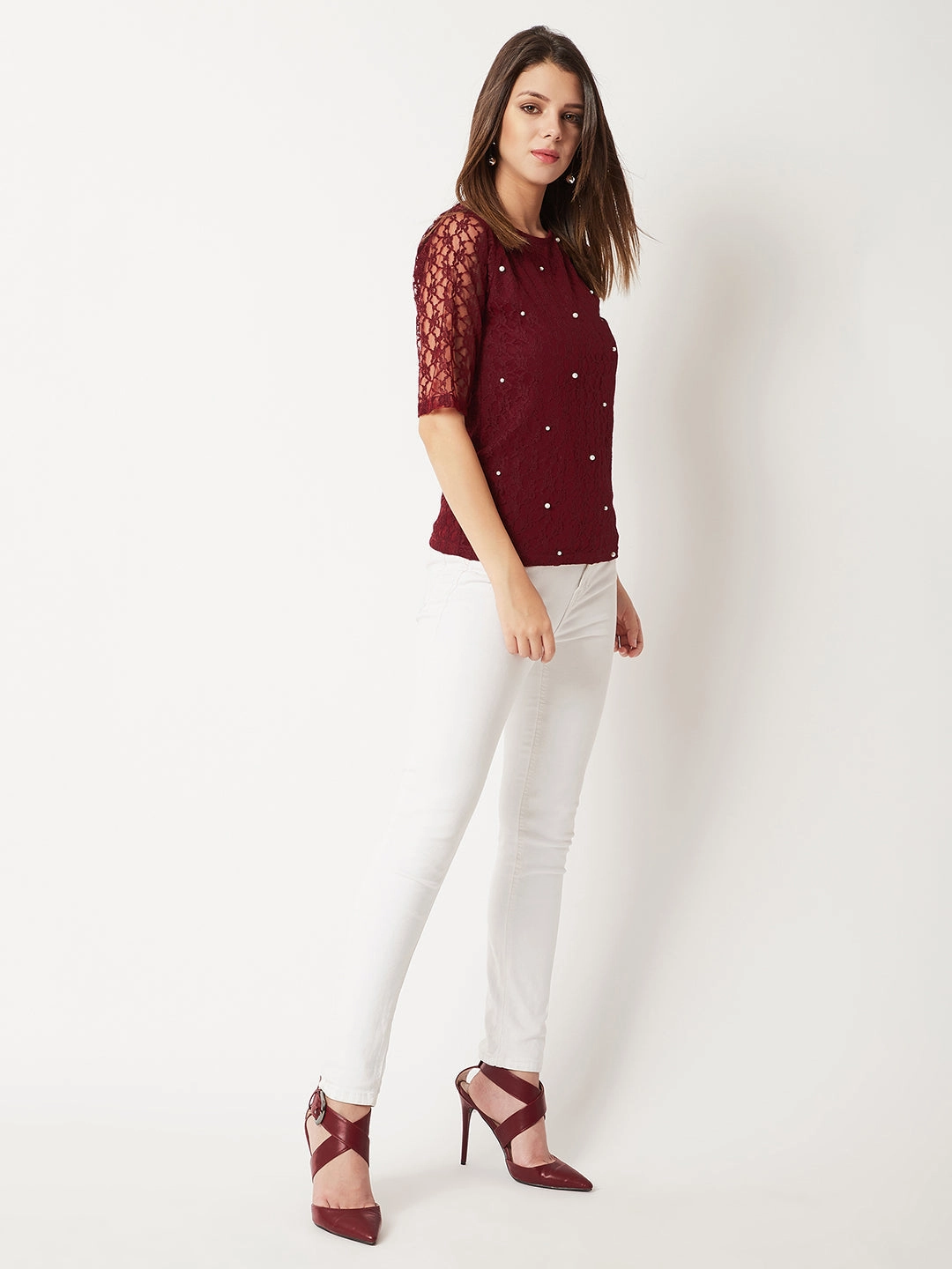 LightweightLayeredFabric Casual Long Sleeve Women's Maroon Round Neck Half Sleeves Cotton Solid Lace And Pearl Detailing Top