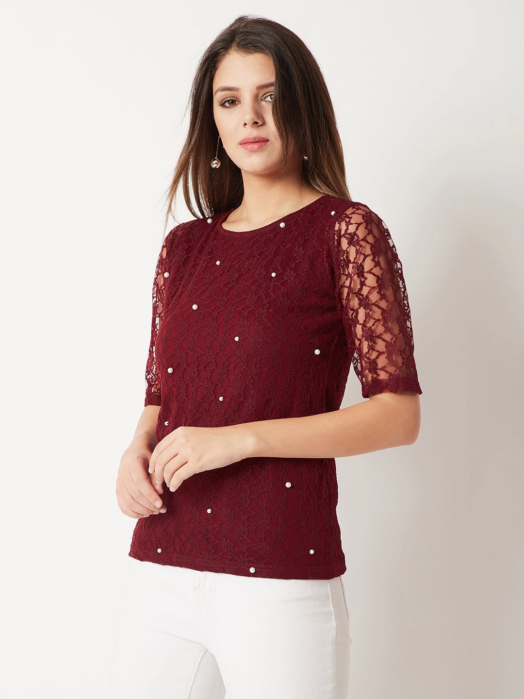 Easy Wear Women's Maroon Round Neck Half Sleeves Cotton Solid Lace And Pearl Detailing Top