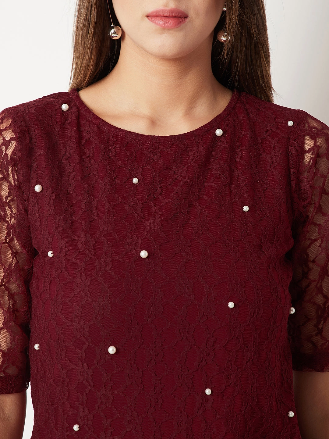 Women's Maroon Round Neck Half Sleeves Cotton Solid Lace And Pearl Detailing Top DoubleStitched Hem