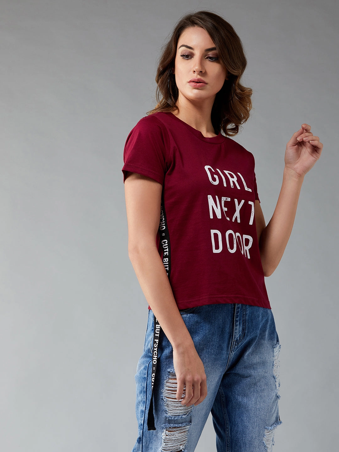 Stretchable Waistband Women's Maroon Round Neck Short Sleeve Printed Basic Crop T-Shirt
