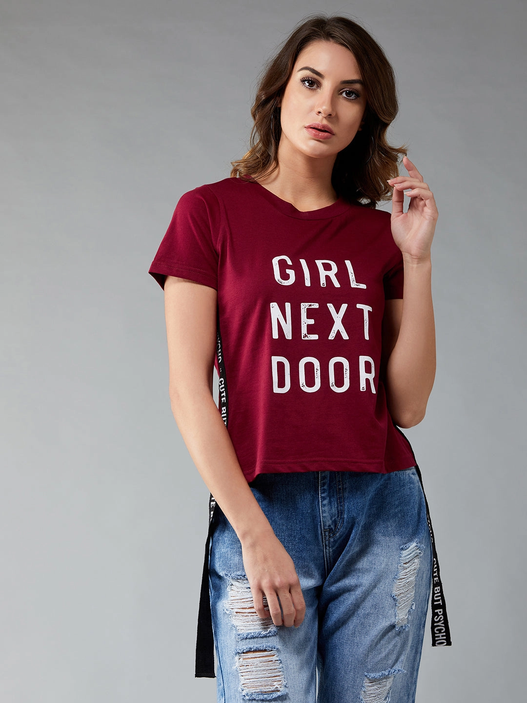 Moisture Control Lining Breathable Knit Fabric Women's Maroon Round Neck Short Sleeve Printed Basic Crop T-Shirt