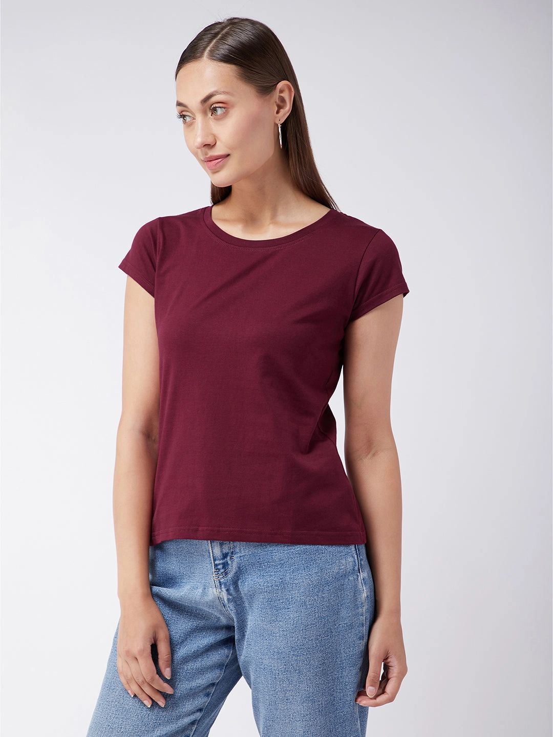 Women's Maroon Round Neck Short Sleeves Solid Basic Top HighElasticity AntiPillingFinish