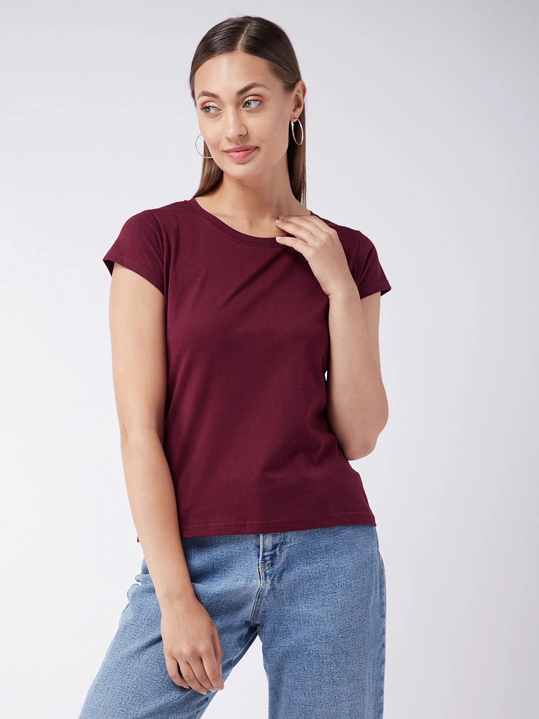 Odor Resistant Fabric Women's Maroon Round Neck Short Sleeves Solid Basic Top