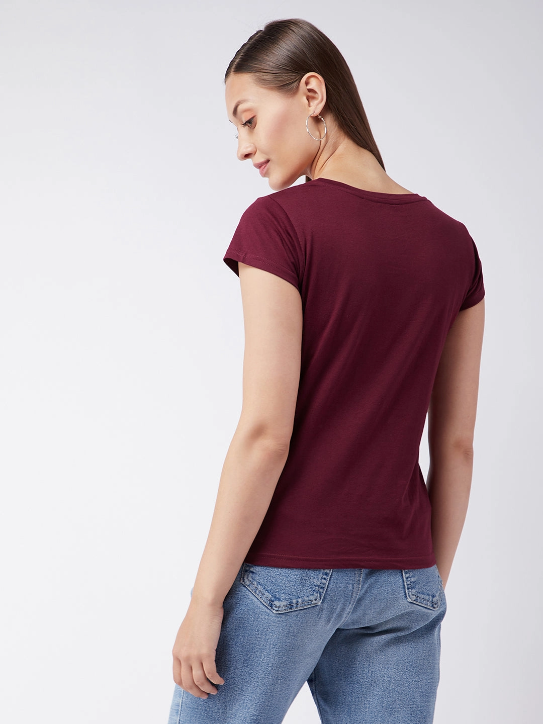 Women's Maroon Round Neck Short Sleeves Solid Basic Top Basic Wardrobe CompressionFit
