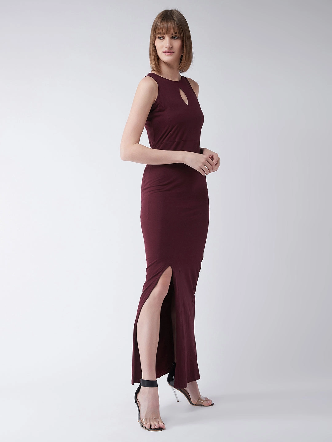 Machine-washable Women's Maroon Round Neck Sleeveless Cutout Front Slit Bodycon Maxi Dress