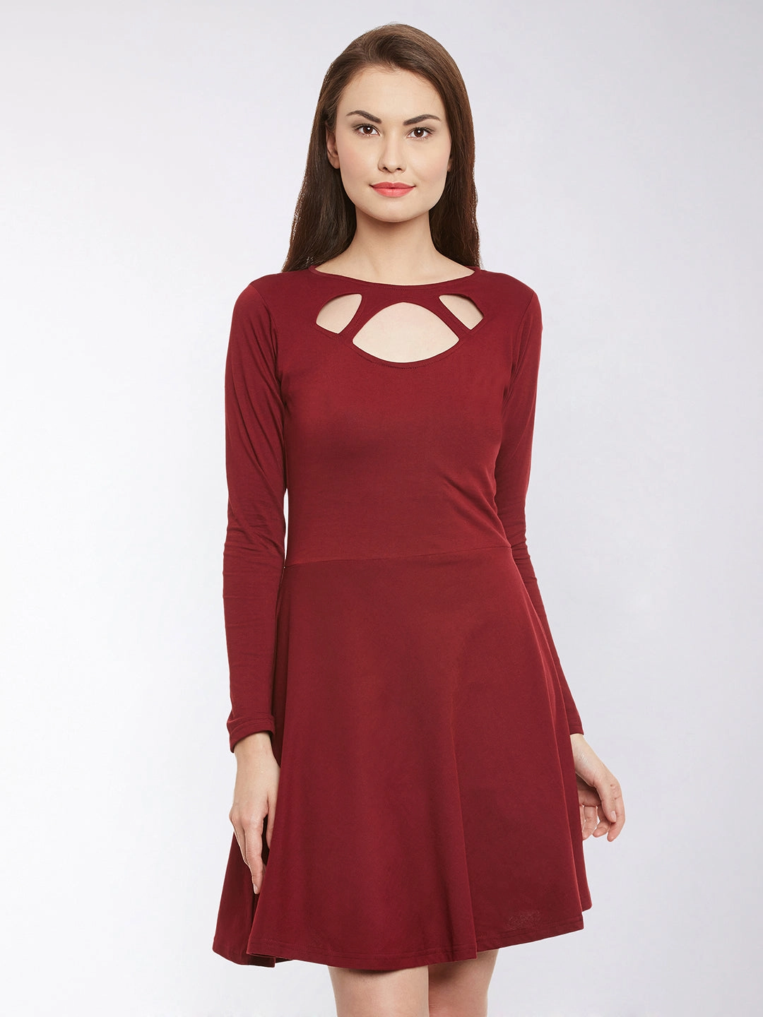 Relax Tones Women's Maroon Solid Full Sleeve Round Neck Mini Skater Dresses