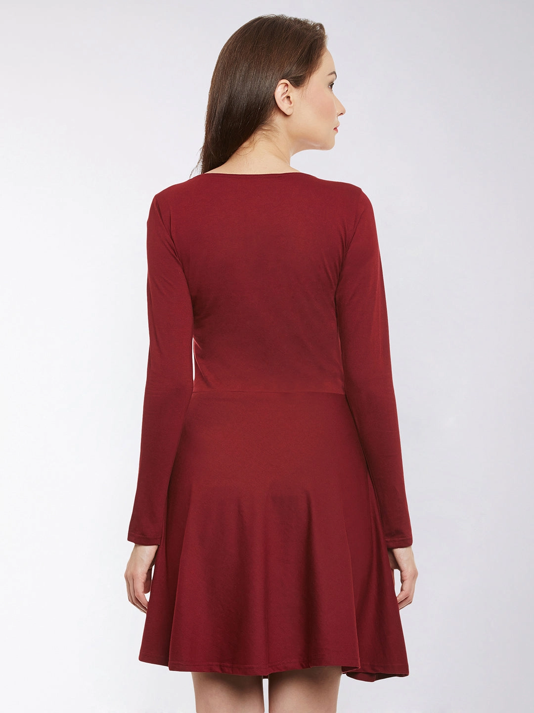Women's Maroon Solid Full Sleeve Round Neck Mini Skater Dresses Day Ready Smart Texture