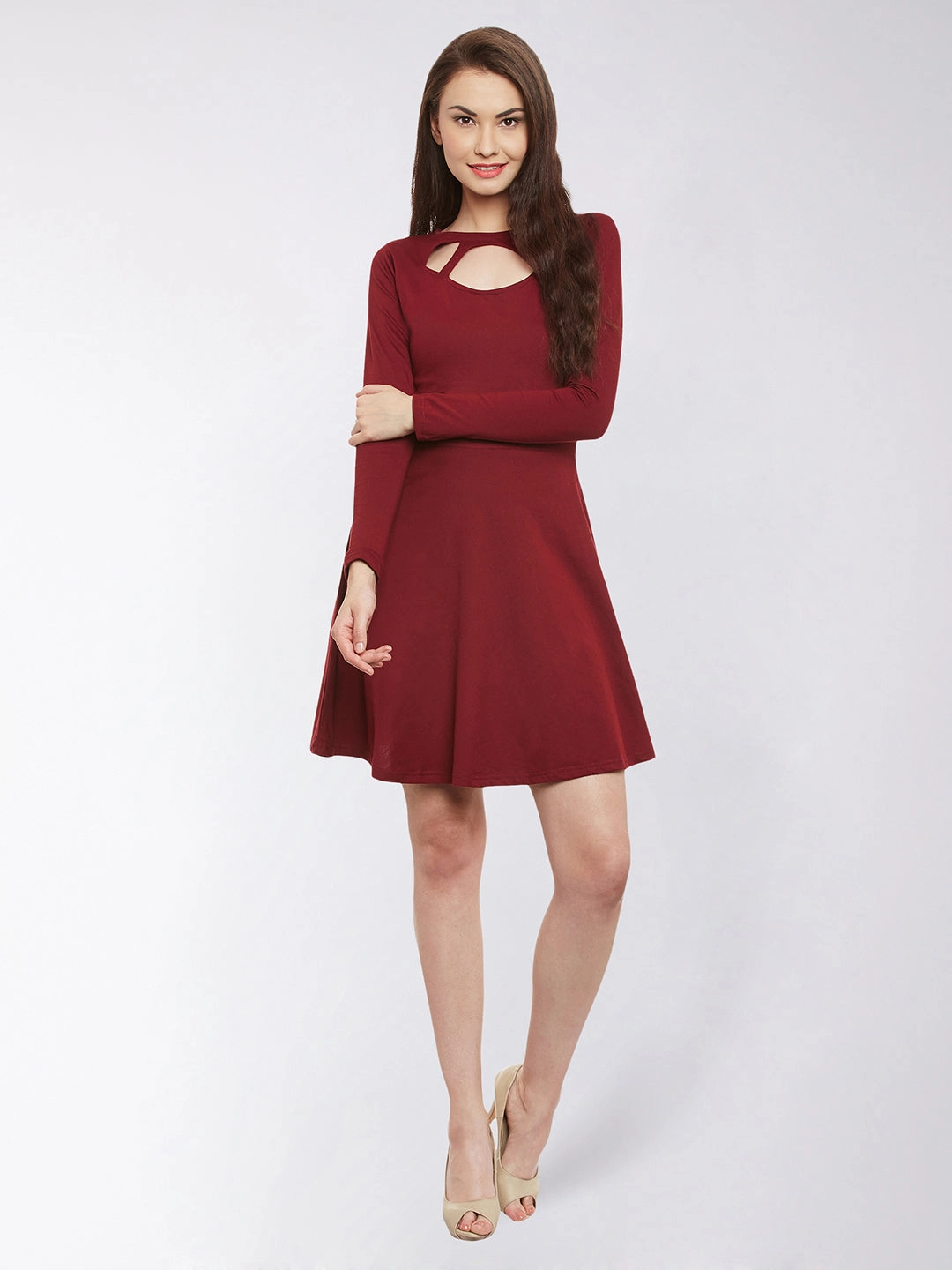 Women's Maroon Solid Full Sleeve Round Neck Mini Skater Dresses Chic and Cozy Perfect Waist