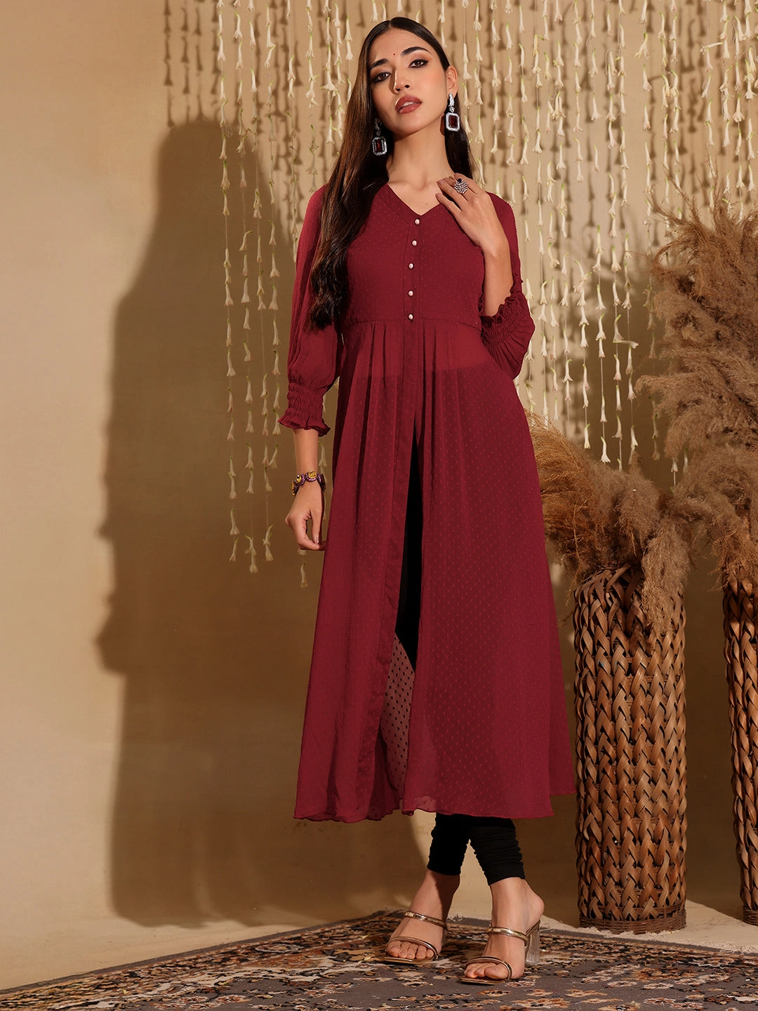 Circular Knit Technology Women's Maroon V-Neck 3/4 Sleeves solid empire Maxi Top