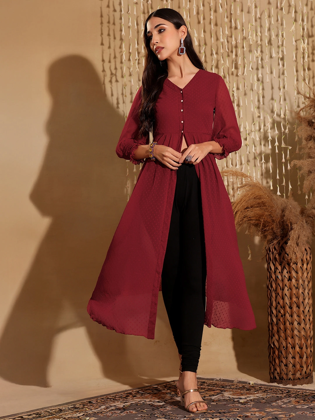 Contoured Armhole Design Women's Maroon V-Neck 3/4 Sleeves solid empire Maxi Top