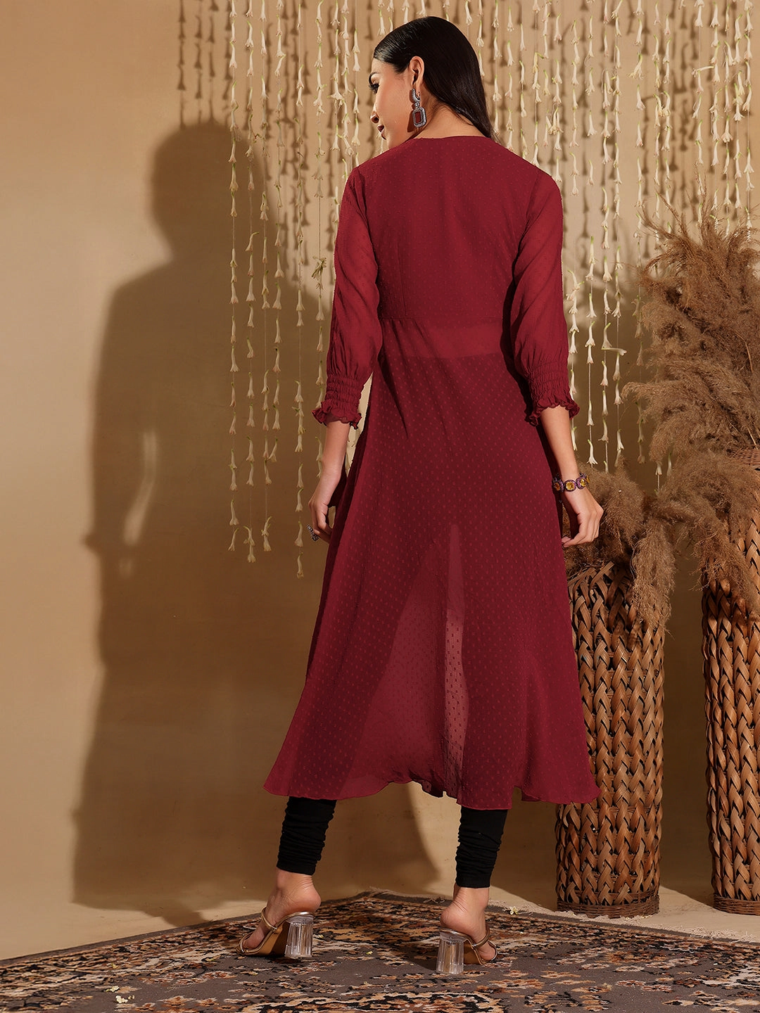 NonChafingEdges Women's Maroon V-Neck 3/4 Sleeves solid empire Maxi Top