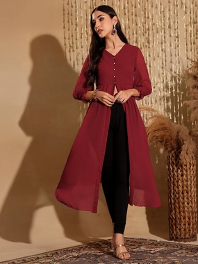 Contoured Armhole Design Women's Maroon V-Neck 3/4 Sleeves solid empire Maxi Top