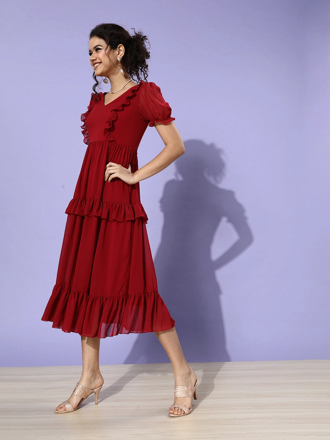 Women's Maroon V-Neck Puff Sleeve Solid Tiered Midi-Length Dress Chill Friendly