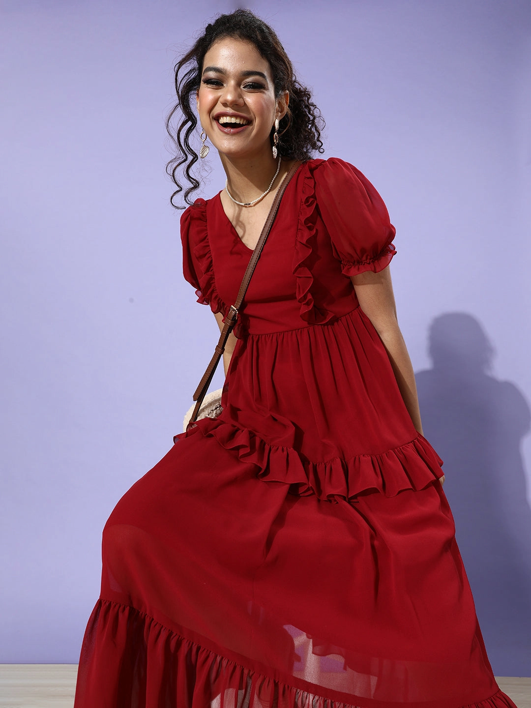 Women's Maroon V-Neck Puff Sleeve Solid Tiered Midi-Length Dress Polished Fit