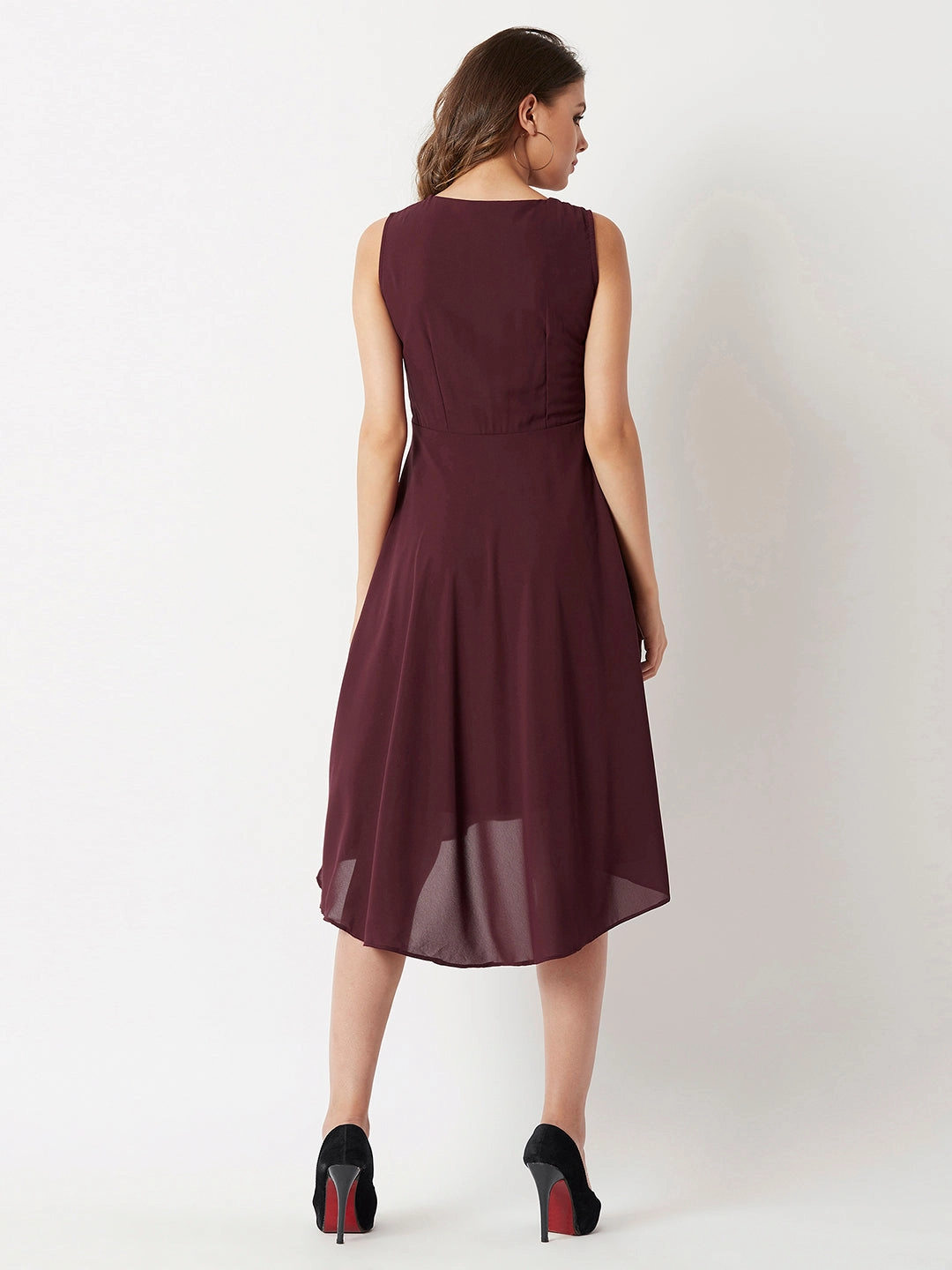 Elegant Finish Soft-touch Women's Maroon V-Neck Sleeveless Solid Pearl Detailing Knee-Long High-low Skater Dress