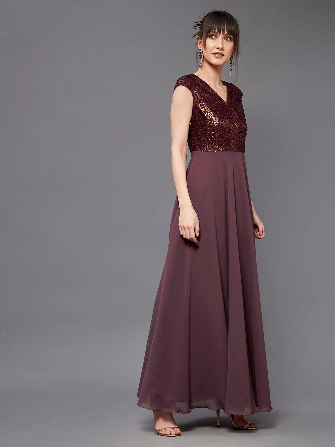 Women's Mauve & Wine V-Neck Sleeveless Embellished Wrap Maxi Dress Travel Option