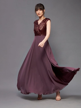 Front-Pocket Women's Mauve & Wine V-Neck Sleeveless Embellished Wrap Maxi Dress